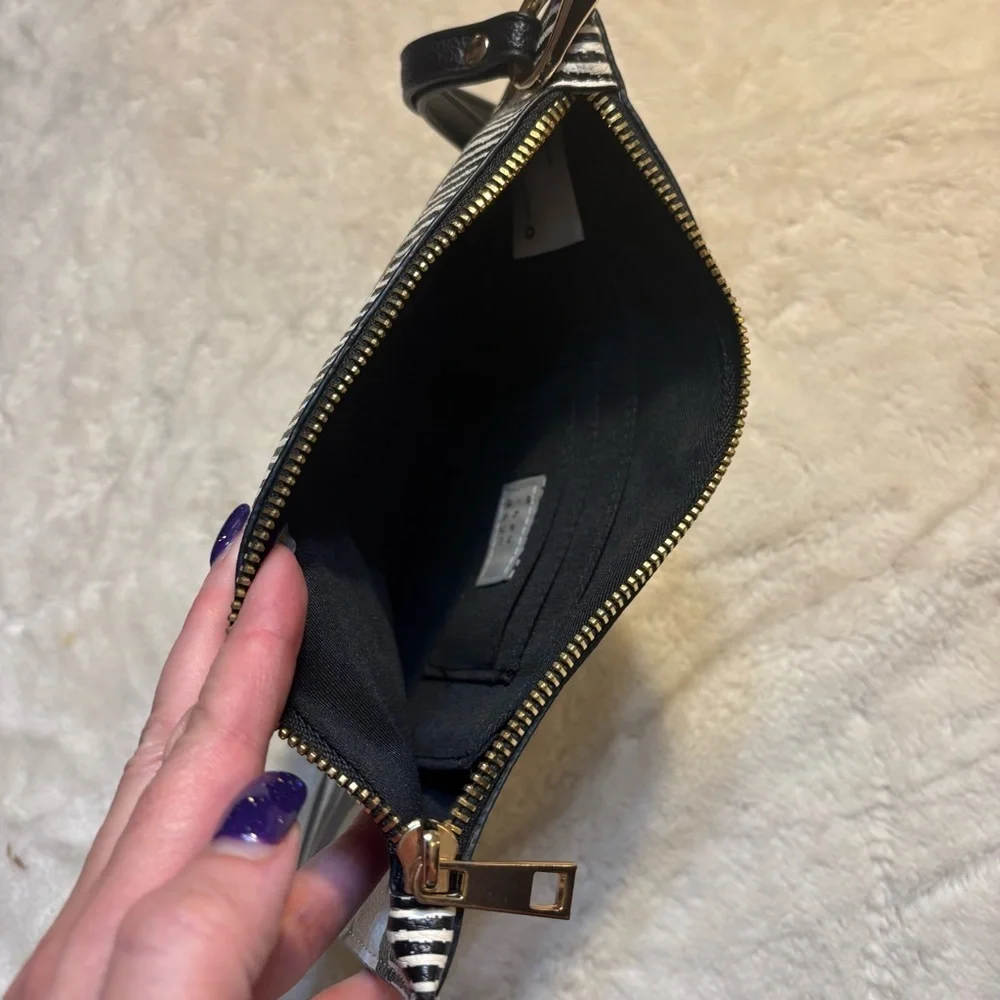 A New Day Wristlet Black White Green Taupe Tropical Leaf Vegan Cloth Interior